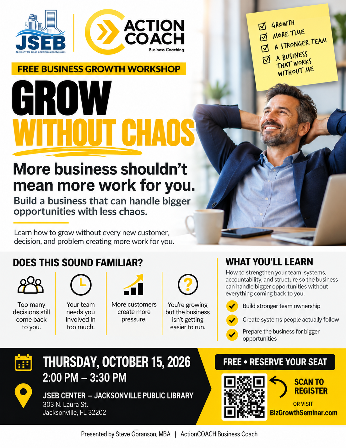 Grow Without Chaos 
More business shouldn't mean more work for you. 

Build a business that can handle bigger opportunities with less chaos. 

Learn how to grow without every new customer, decision, and problem creating more work for you. 

Does this sound familiar:
•	Too many decisions still come back to you
•	Your team needs you involved in too much
•	More customers create more pressure
•	You're growing but the business isn't getting easier to run
