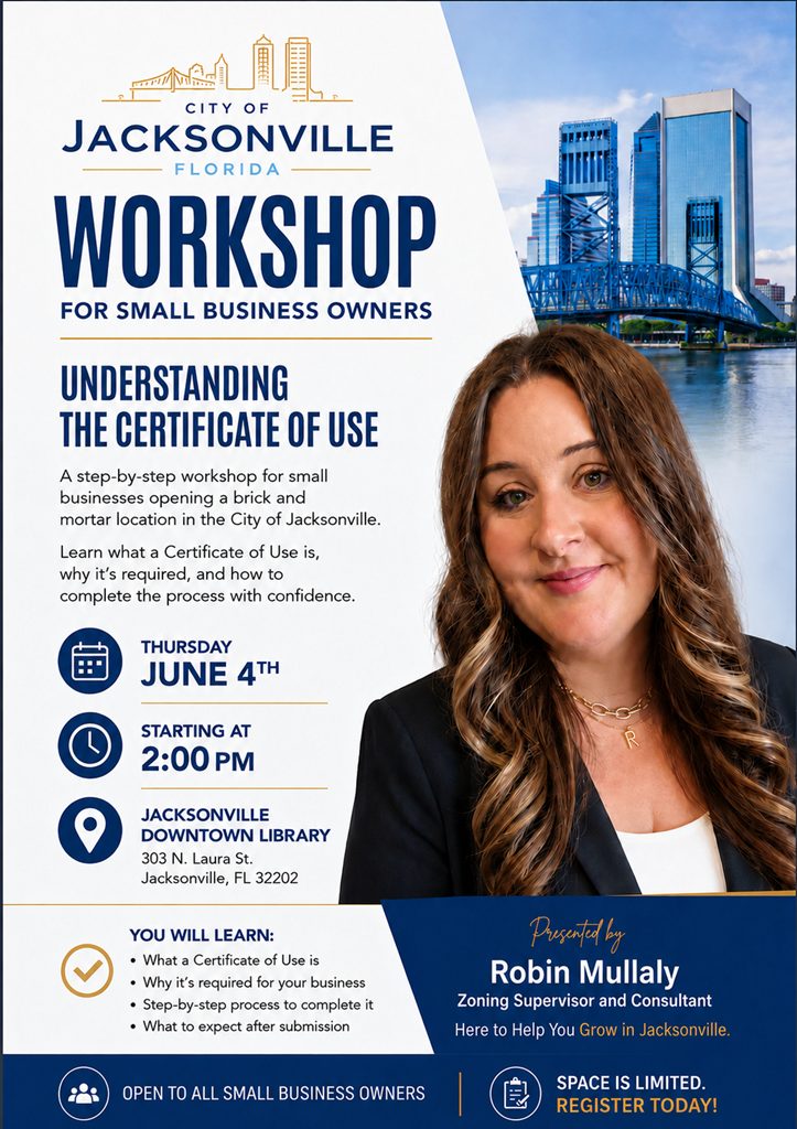 Flyer for City of Jacksonville Workshop for Small Business Owners - Understanding the Certificate of Use