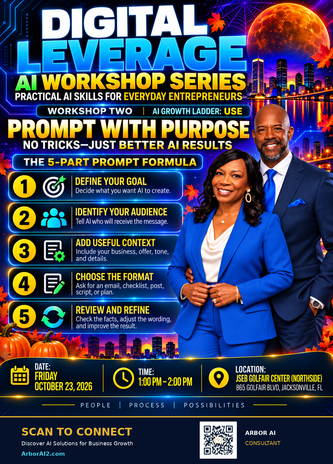 The event is October 23rd at the JSEB center at 865 Golfair blvd, Jacksonville FL from 1-2 pm. The topic is how to write better AI prompts. RSVP with the QR code in the image.