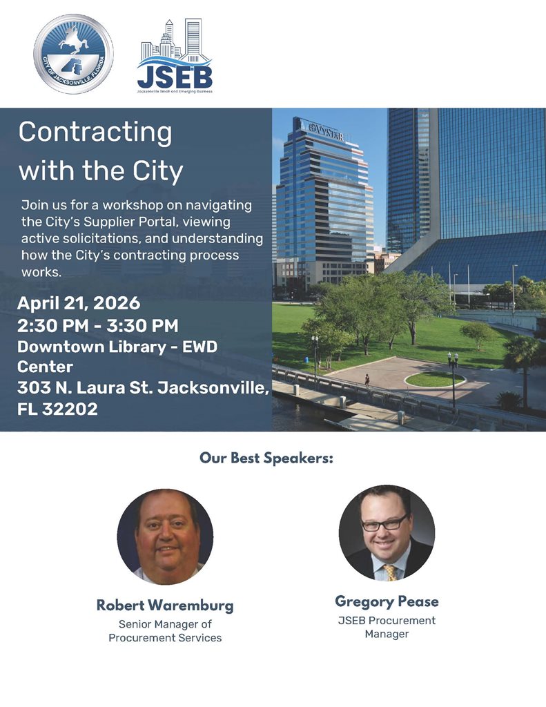 Join us for a workshop on navigating the City Supplier Portal viewing active solicitations and understanding how the city's contracting process works